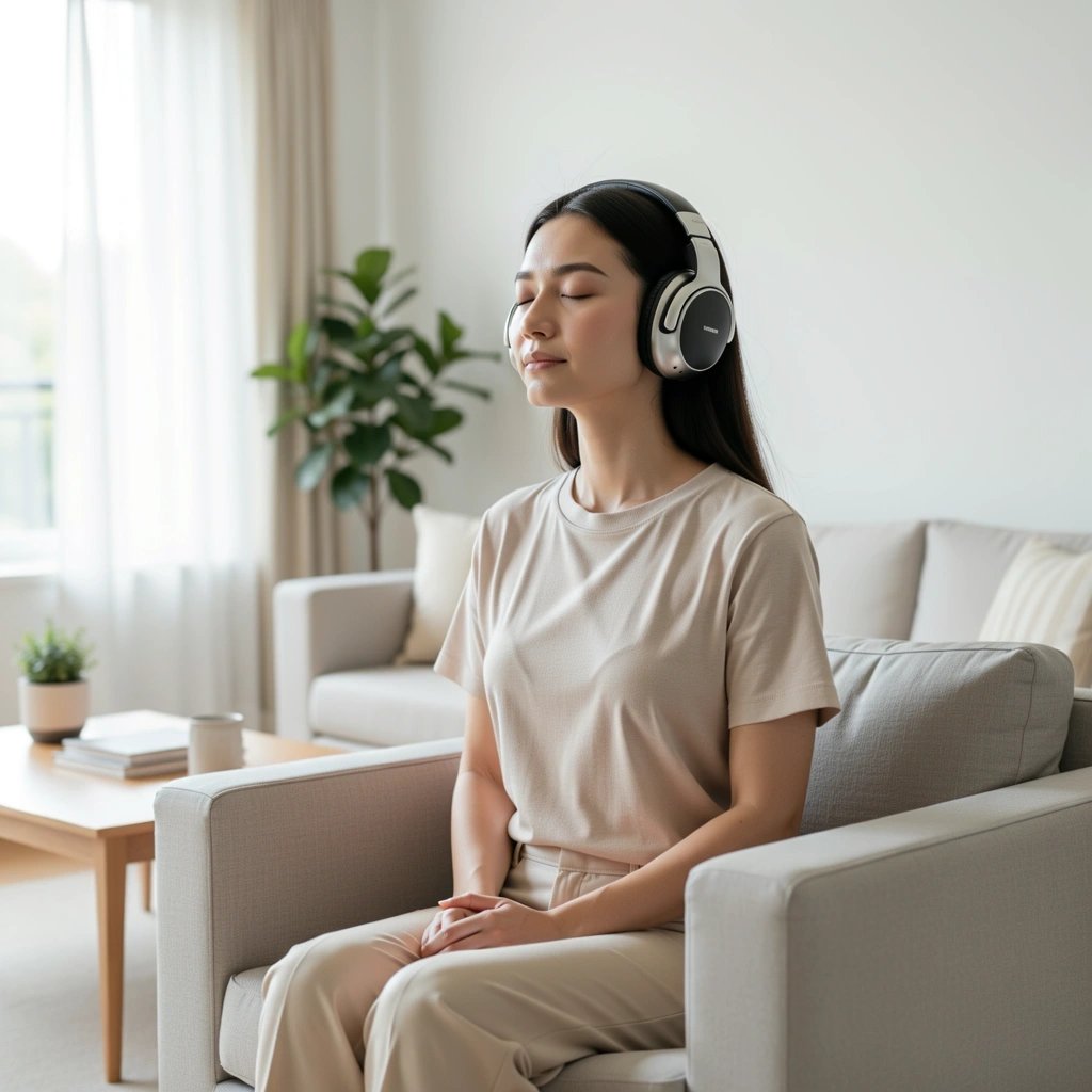 Persona disfrutando de un ambiente sonoro controlado para mejorar su claridad mental